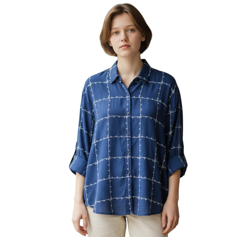 Como Black Womens XL Blue Grid Print Roll Tab Shirt Blouse Smart Casual Work NWT